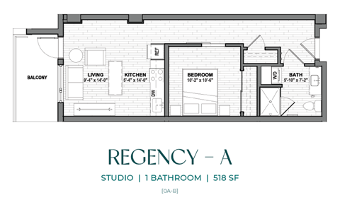 A drawing of a floor plan for a studio apartment with one bathroom.